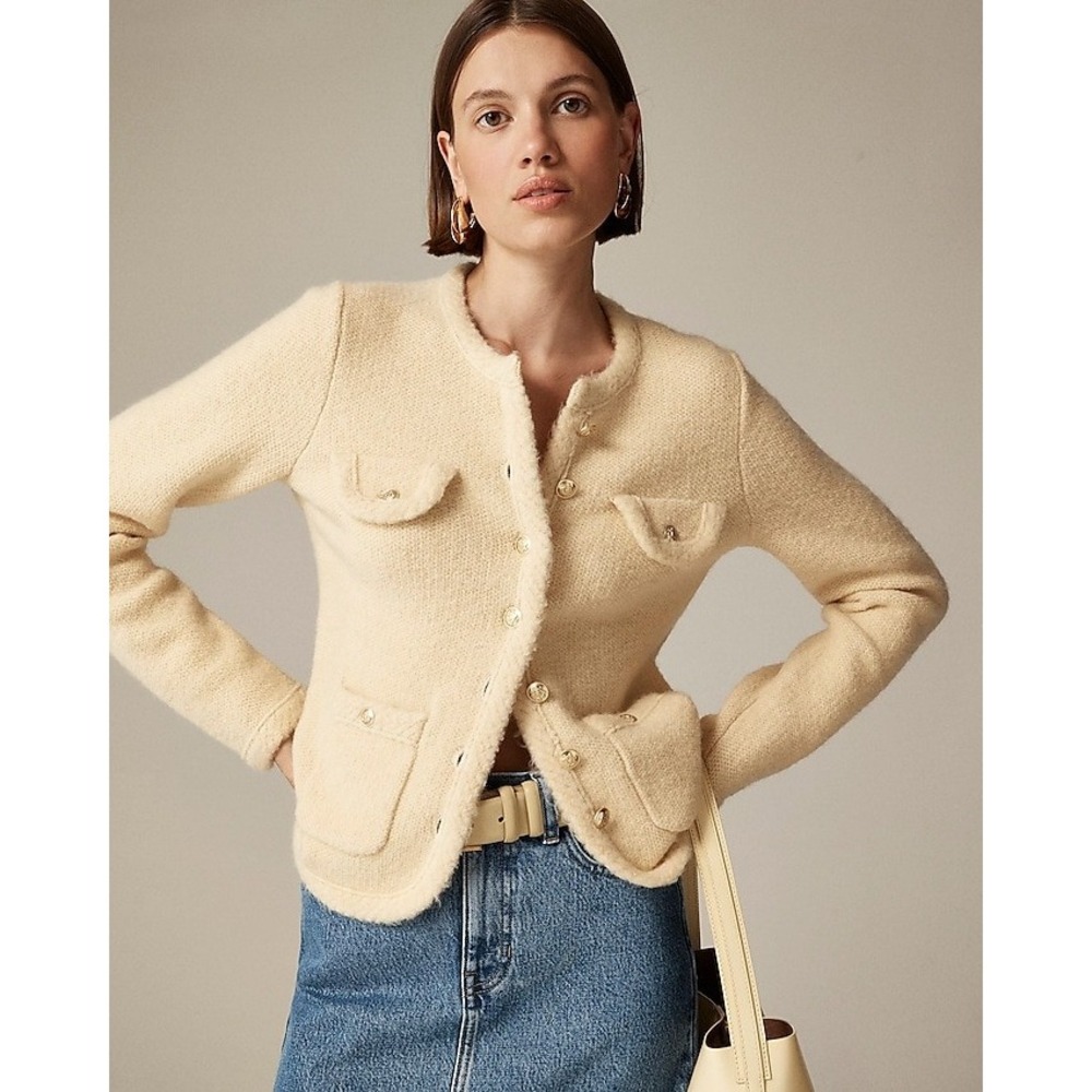 J. Crew Textured Sweater Lady Jacket Cream Gold Buttons Wool Alpaca Preppy S